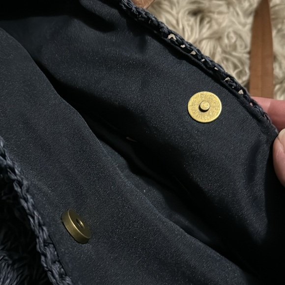 Large Merona Brand Woven Paper Tote Bag-Navy-Faux Leather Straps-Snap Closure - Picture 11 of 16